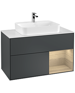 Villeroy und Boch Finion Waschtischunterschrank G371PCHG 100cm, Abdeckplatte white matt, Emotion, Regal rechts Oak Veneer, Midnight Blue Matt Lacquer