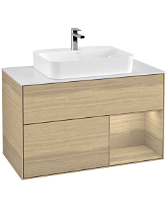 Villeroy und Boch Finion Waschtischunterschrank G371PCPC 100cm, Abdeckplatte white matt, Emotion, Regal rechts Oak Veneer, Oak Veneer