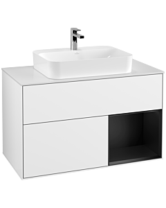 Villeroy und Boch Finion Waschtischunterschrank G371PDGF 100cm, Abdeckplatte white matt, Emotion, Regal rechts Black matt lacquer, Glossy white lacquer