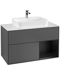 Villeroy und Boch Finion Villeroy und Boch G371PDGK 100cm, plaque de recouvrement blanc mat, Emotion, étagère à droite laqué noir mat, anthracite mat