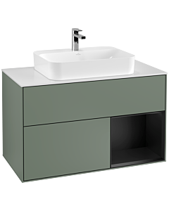 Villeroy und Boch Finion Waschtischunterschrank G371PDGM 100cm, Abdeckplatte white matt, Emotion, Regal rechts Black matt lacquer, Olive Matt Lacquer
