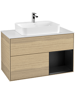 Villeroy und Boch Finion Waschtischunterschrank G371PDPC 100cm, Abdeckplatte white matt, Emotion, Regal rechts Black matt lacquer, Oak Veneer