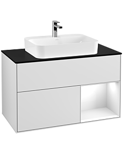 Villeroy und Boch Finion Waschtischunterschrank G372GFMT 100cm, Abdeckplatte black matt, Emotion, Regal rechts Glossy white lacquer, White matt lacquer