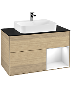 Villeroy und Boch Finion Waschtischunterschrank G372GFPC 100cm, Abdeckplatte black matt, Emotion, Regal rechts Glossy white lacquer, Oak Veneer