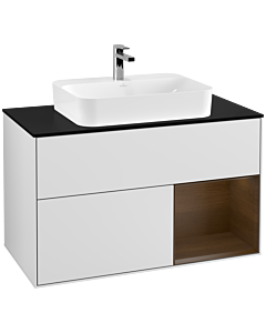 Villeroy und Boch Finion Waschtischunterschrank G372GNMT 100cm, Abdeckplatte black matt, Emotion, Regal rechts Walnut veneer, White matt lacquer
