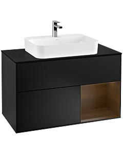 Villeroy und Boch Finion Waschtischunterschrank G372GNPD 100cm, Abdeckplatte black matt, Emotion, Regal rechts Walnut veneer, Black matt lacquer
