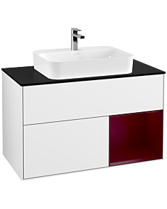 Villeroy und Boch Finion Waschtischunterschrank G372HBGF 100cm, Abdeckplatte black matt, Emotion, Regal rechts Peony, Glossy white lacquer