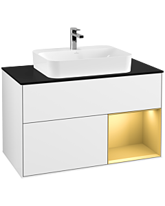 Villeroy und Boch Finion Villeroy und Boch Finion G372HFGF 100cm, cover plate black matt, Emotion, shelf on the right matt gold, glossy white lacquer