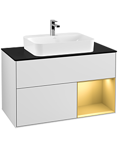Villeroy und Boch Finion Waschtischunterschrank G372HFMT 100cm, Abdeckplatte black matt, Emotion, Regal rechts Gold matt, White matt lacquer