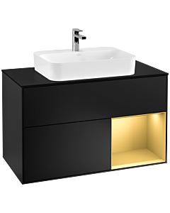 Villeroy und Boch Finion Waschtischunterschrank G372HFPD 100cm, Abdeckplatte black matt, Emotion, Regal rechts Gold matt, Black matt lacquer