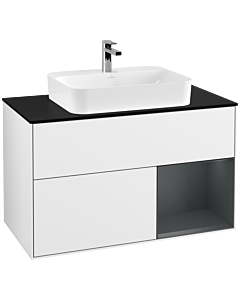 Villeroy und Boch Finion Villeroy und Boch G372HGGF 100cm, plaque de finition noir mat, Emotion, étagère à droite Midnight Blue Matt Lacquer , Laque blanc brillant