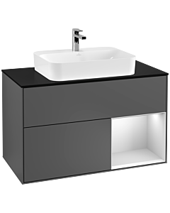 Villeroy und Boch Finion Waschtischunterschrank G372MTGK 100cm, Abdeckplatte black matt, Emotion, Regal rechts White matt lacquer, Anthracite matt