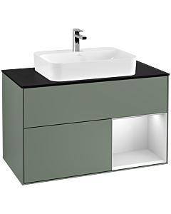 Villeroy und Boch Finion Villeroy und Boch G372MTGM 100cm, plaque de finition noir mat, Emotion, étagère à droite laqué blanc mat, Olive Matt Lacquer