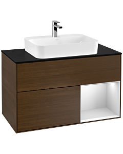 Villeroy und Boch Finion Waschtischunterschrank G372MTGN 100cm, Abdeckplatte black matt, Emotion, Regal rechts White matt lacquer, Walnut veneer