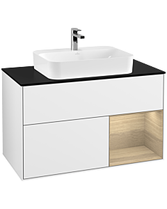Villeroy und Boch Finion Waschtischunterschrank G372PCGF 100cm, Abdeckplatte black matt, Emotion, Regal rechts Oak Veneer, Glossy white lacquer