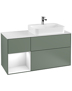 Villeroy und Boch Finion Villeroy und Boch G391GFGM 120cm, plaque de finition blanc mat, Emotion, étagère gauche laqué blanc brillant, Olive Matt Lacquer