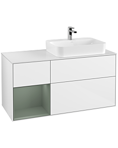 Villeroy und Boch Finion Waschtischunterschrank G391GMGF 120cm, Abdeckplatte white matt, Emotion, Regal links Olive Matt Lacquer, Glossy white lacquer