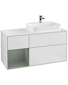 Villeroy und Boch Finion Waschtischunterschrank G391GMMT 120cm, Abdeckplatte white matt, Emotion, Regal links Olive Matt Lacquer, White matt lacquer
