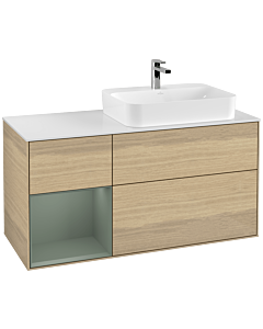 Villeroy und Boch Finion Waschtischunterschrank G391GMPC 120cm, Abdeckplatte white matt, Emotion, Regal links Olive Matt Lacquer, Oak Veneer
