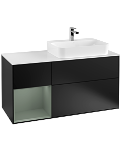 Villeroy und Boch Finion Waschtischunterschrank G391GMPD 120cm, Abdeckplatte white matt, Emotion, Regal links Olive Matt Lacquer, Black matt lacquer