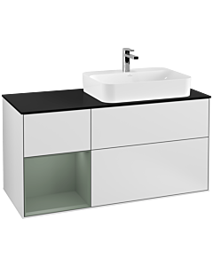 Villeroy und Boch Finion Waschtischunterschrank G392GMMT 120cm, Abdeckplatte black matt, Emotion, Regal links Olive Matt Lacquer, White matt lacquer