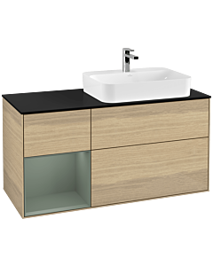 Villeroy und Boch Finion Waschtischunterschrank G392GMPC 120cm, Abdeckplatte black matt, Emotion, Regal links Olive Matt Lacquer, Oak Veneer