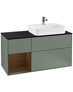 Villeroy und Boch Finion Waschtischunterschrank G392GNGM 120cm, Abdeckplatte black matt, Emotion, Regal links Walnut veneer, Olive Matt Lacquer