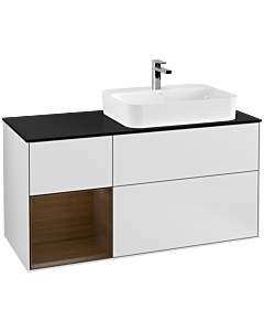 Villeroy und Boch Finion Waschtischunterschrank G392GNMT 120cm, Abdeckplatte black matt, Emotion, Regal links Walnut veneer, White matt lacquer