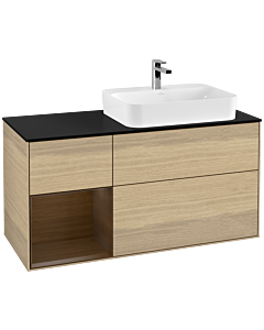 Villeroy und Boch Finion Waschtischunterschrank G392GNPC 120cm, Abdeckplatte black matt, Emotion, Regal links Walnut veneer, Oak Veneer