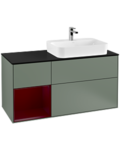 Villeroy und Boch Finion Waschtischunterschrank G392HBGM 120cm, Abdeckplatte black matt, Emotion, Regal links Peony, Olive Matt Lacquer
