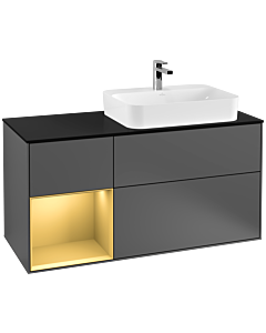 Villeroy und Boch Finion Waschtischunterschrank G392HFGK 120cm, Abdeckplatte black matt, Emotion, Regal links Gold matt, Anthracite matt