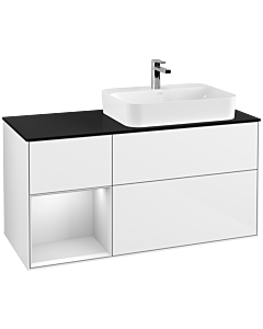 Villeroy und Boch Finion Villeroy und Boch G392MTGF 120cm, plaque de finition noir mat, Emotion, étagère gauche laqué blanc mat, laqué blanc brillant