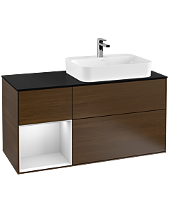 Villeroy und Boch Finion Waschtischunterschrank G392MTGN 120cm, Abdeckplatte black matt, Emotion, Regal links White matt lacquer, Walnut veneer