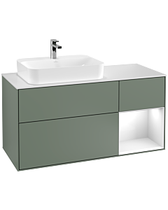 Villeroy und Boch Finion Villeroy und Boch G401GFGM 120cm, plaque de finition blanc mat, Emotion, étagère à droite Laque blanc brillant, Olive Matt Lacquer