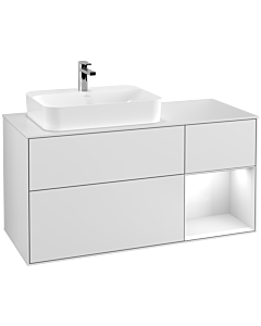 Villeroy und Boch Finion Villeroy und Boch G401GFMT 120cm, plaque de recouvrement blanc mat, Emotion, étagère à droite laqué blanc brillant, laqué blanc mat