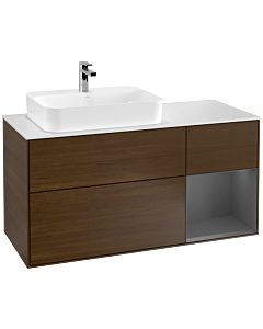 Villeroy und Boch Finion Waschtischunterschrank G401GKGN 120cm, Abdeckplatte white matt, Emotion, Regal rechts Anthracite matt, Walnut veneer