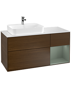 Villeroy und Boch Finion Waschtischunterschrank G401GMGN 120cm, Abdeckplatte white matt, Emotion, Regal rechts Olive Matt Lacquer, Walnut veneer