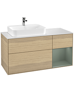 Villeroy und Boch Finion Waschtischunterschrank G401GMPC 120cm, Abdeckplatte white matt, Emotion, Regal rechts Olive Matt Lacquer, Oak Veneer