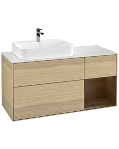 Villeroy und Boch Finion Waschtischunterschrank G401GNPC 120cm, Abdeckplatte white matt, Emotion, Regal rechts Walnut veneer, Oak Veneer