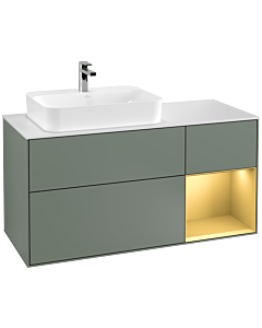 Villeroy und Boch Finion Waschtischunterschrank G401HFGM 120cm, Abdeckplatte white matt, Emotion, Regal rechts Gold matt, Olive Matt Lacquer