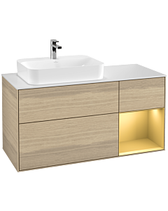 Villeroy und Boch Finion Waschtischunterschrank G401HFPC 120cm, Abdeckplatte white matt, Emotion, Regal rechts Gold matt, Oak Veneer