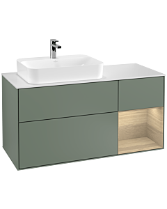 Villeroy und Boch Finion Waschtischunterschrank G401PCGM 120cm, Abdeckplatte white matt, Emotion, Regal rechts Oak Veneer, Olive Matt Lacquer