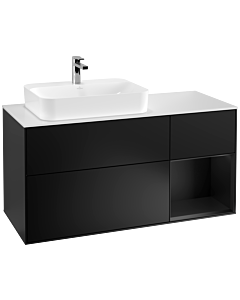 Villeroy und Boch Finion Villeroy und Boch G401PDPD 120cm, plaque de recouvrement blanc mat, Emotion, étagère à droite laqué noir mat, laqué noir mat