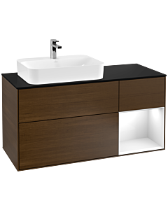 Villeroy und Boch Finion Waschtischunterschrank G402GFGN 120cm, Abdeckplatte black matt, Emotion, Regal rechts Glossy white lacquer, Walnut veneer