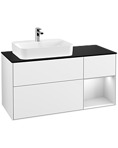 Villeroy und Boch Finion Waschtischunterschrank G402MTGF 120cm, Abdeckplatte black matt, Emotion, Regal rechts White matt lacquer, Glossy white lacquer