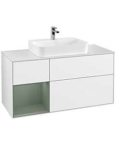 Villeroy und Boch Finion Villeroy und Boch G411GMGF 120cm, plaque de finition blanc mat, émotion, étagère à gauche Olive Matt Lacquer , laqué blanc brillant