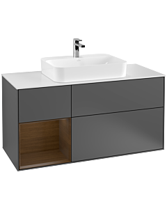 Villeroy und Boch Finion Waschtischunterschrank G411GNGK 120cm, Abdeckplatte white matt, Emotion, Regal links Walnut veneer, Anthracite matt