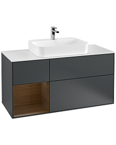 Villeroy und Boch Finion Waschtischunterschrank G411GNHG 120cm, Abdeckplatte white matt, Emotion, Regal links Walnut veneer, Midnight Blue Matt Lacquer
