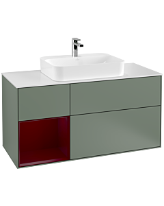 Villeroy und Boch Finion Waschtischunterschrank G411HBGM 120cm, Abdeckplatte white matt, Emotion, Regal links Peony, Olive Matt Lacquer