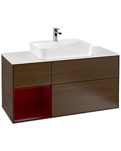 Villeroy und Boch Finion Waschtischunterschrank G411HBGN 120cm, Abdeckplatte white matt, Emotion, Regal links Peony, Walnut veneer